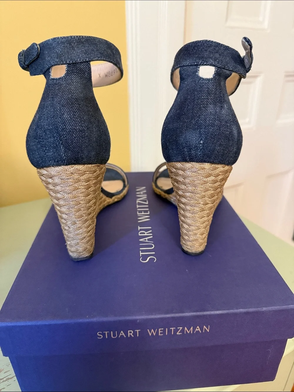 Stuart Weitzman Back up Wedge Navy Antique Denim Ankle Strap Heel - Picture 4 of 6